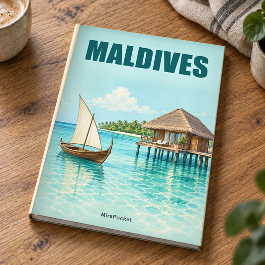 Personalized Maldives travel photo book on a table