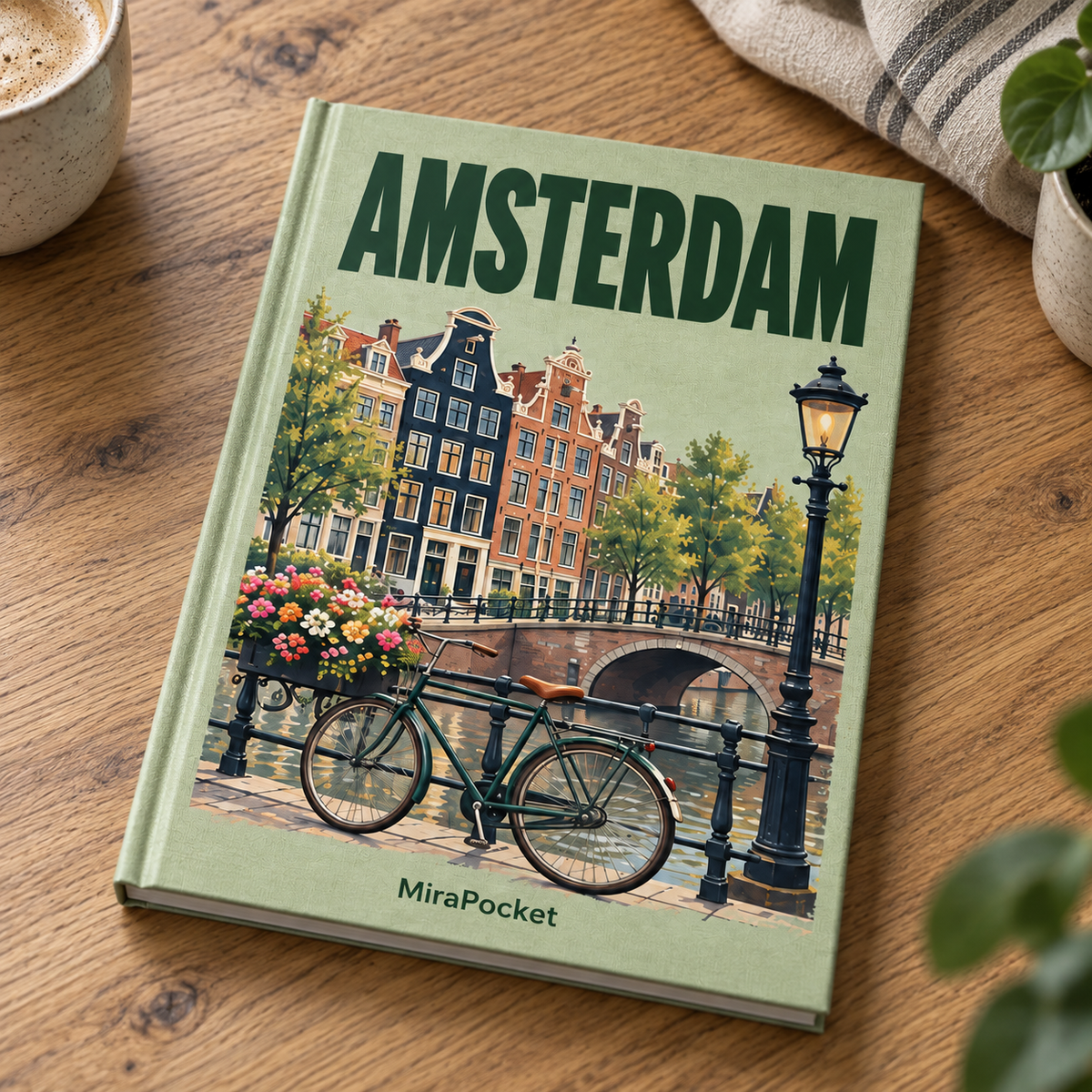 MiraPocket Amsterdam personalised travel photo book on a wooden table