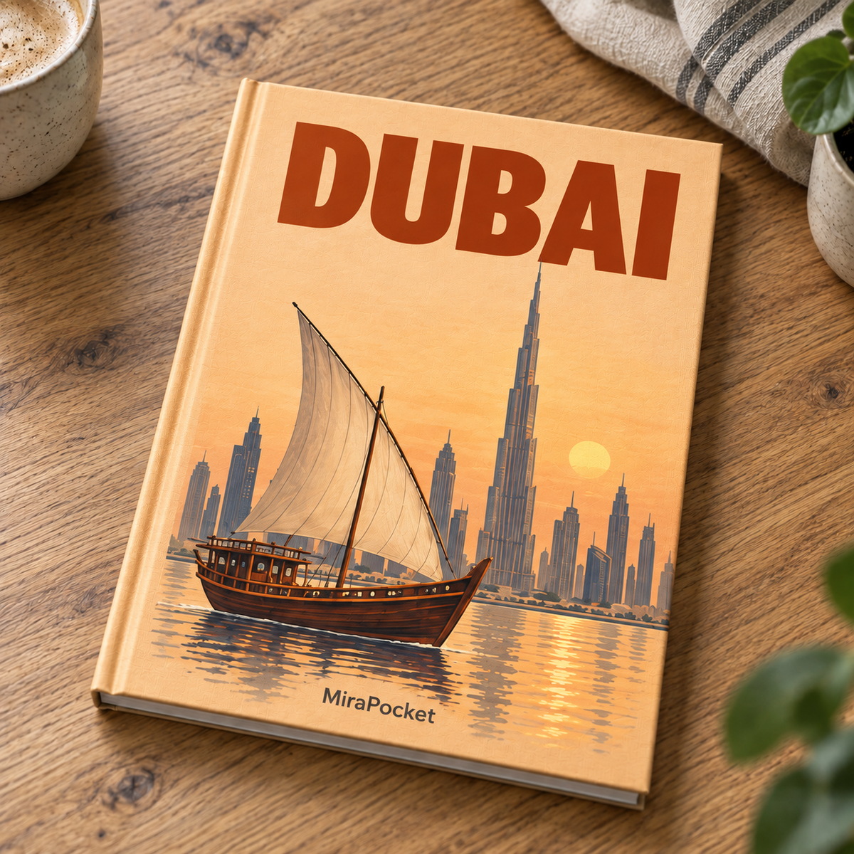 MiraPocket Dubai personalised travel photo book on a wooden table
