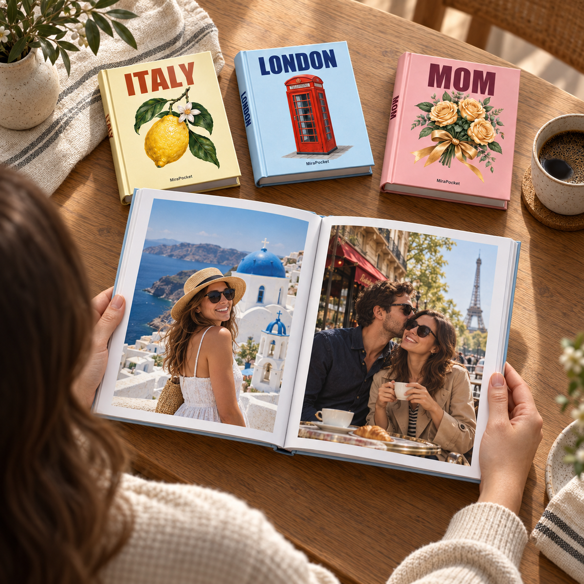 An open MiraPocket photo book held in both hands
