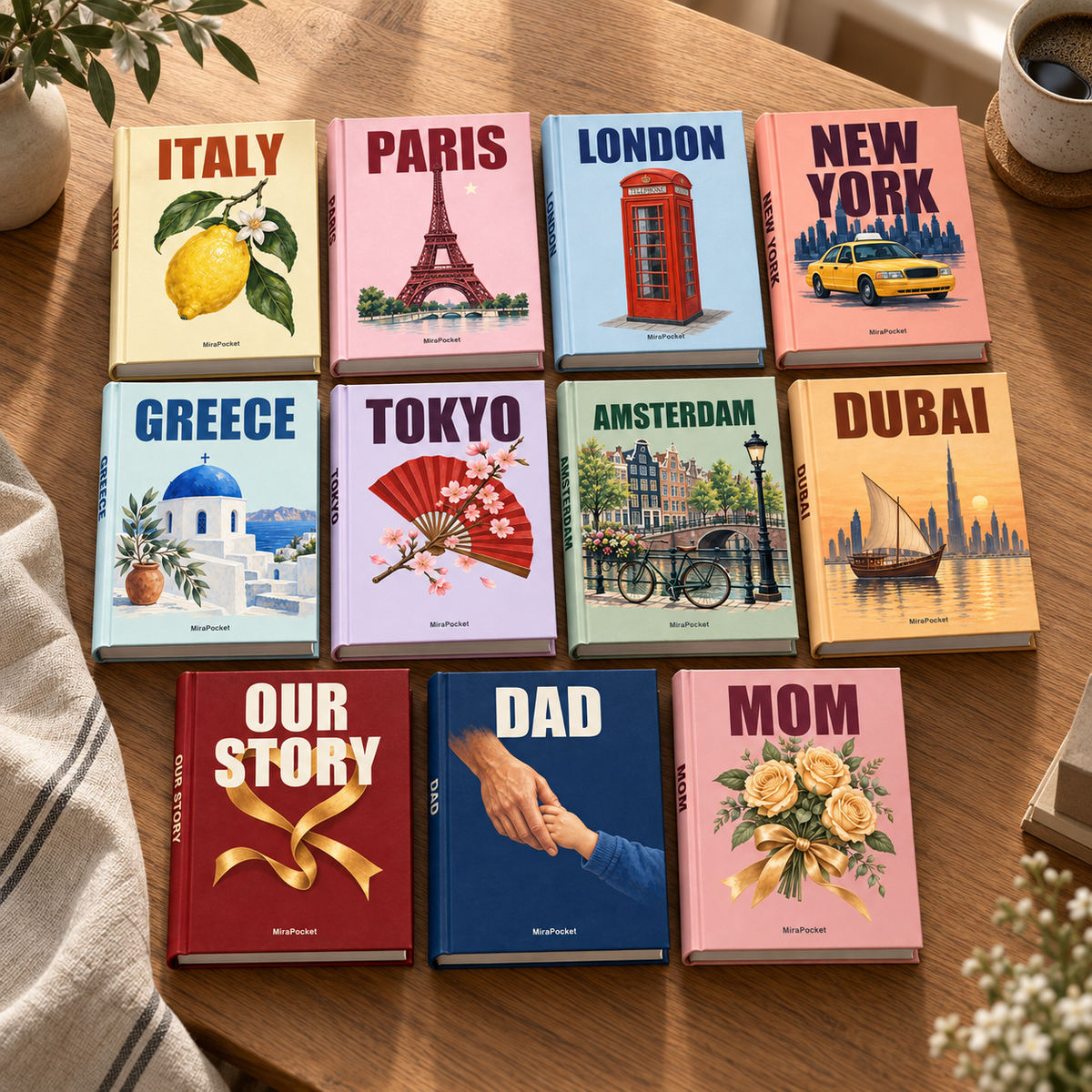 All eleven MiraPocket cover designs laid out on a wooden table