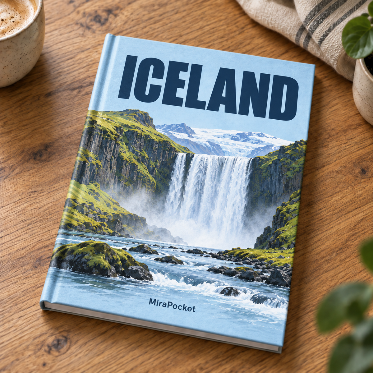 MiraPocket Iceland personalised travel photo book on a wooden table