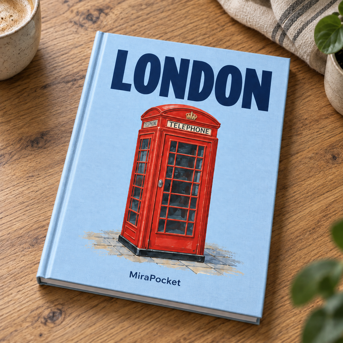 MiraPocket London personalised travel photo book on a wooden table