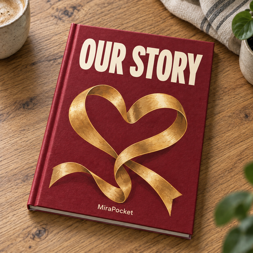 MiraPocket Our Story personalised photo book on a wooden table