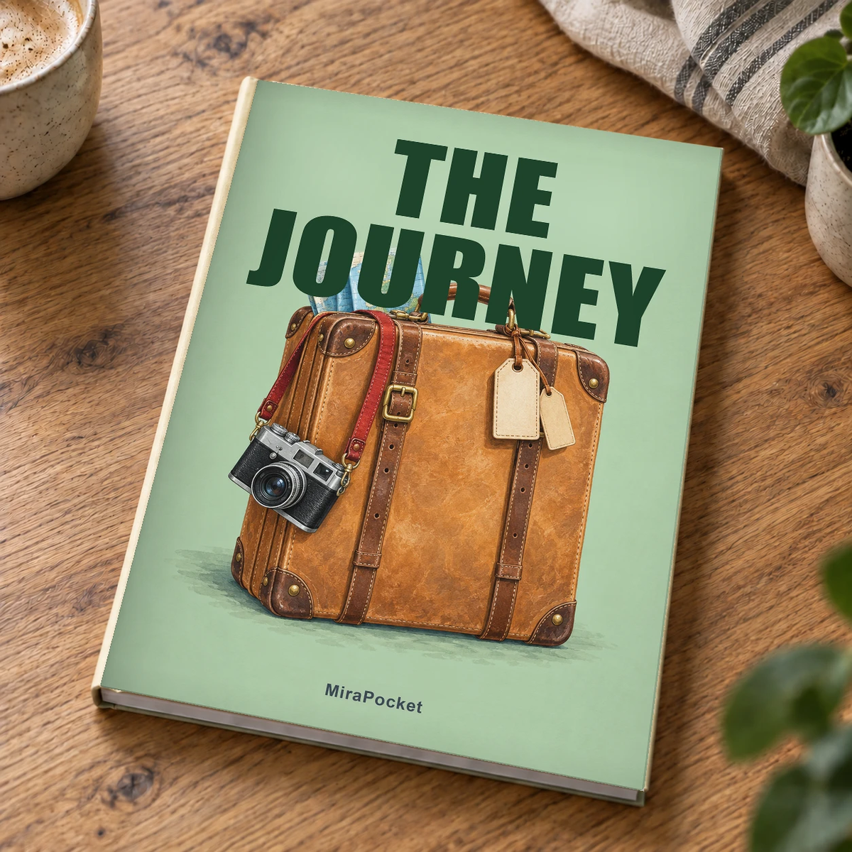 Personalized MiraPocket journey photo book on a table